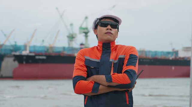Dressed in safety gear, the worker stands confidently. Large ship looms behind him, docked near cranes. He wears sunglasses and a helmet, arms crossed