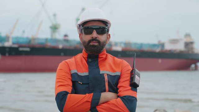 Dressed in safety gear, the worker stands confidently. Large ship looms behind him, docked near cranes. He wears sunglasses and a helmet, arms crossed