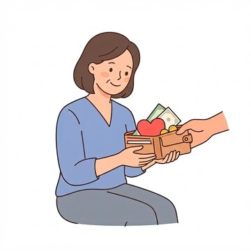 Woman receiving money in wallet isolated on white background