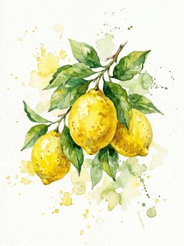 Watercolor painting of three yellow lemons on a branch with green leaves and colorful splatters on a white background.