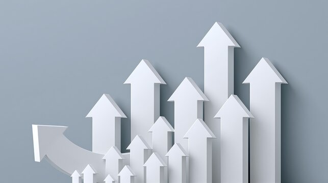 3D upward arrows with reverse arrow, minimalist white business chart, economic growth turnaround trend concept background