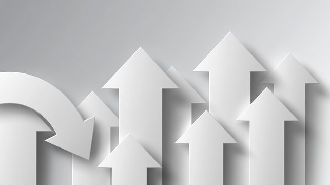 3D upward arrows with reverse arrow, minimalist white business chart, economic growth turnaround trend concept background