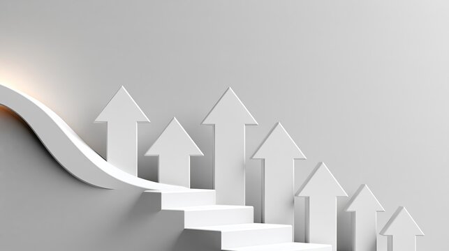 3D upward arrows with reverse arrow, minimalist white business chart, economic growth turnaround trend concept background
