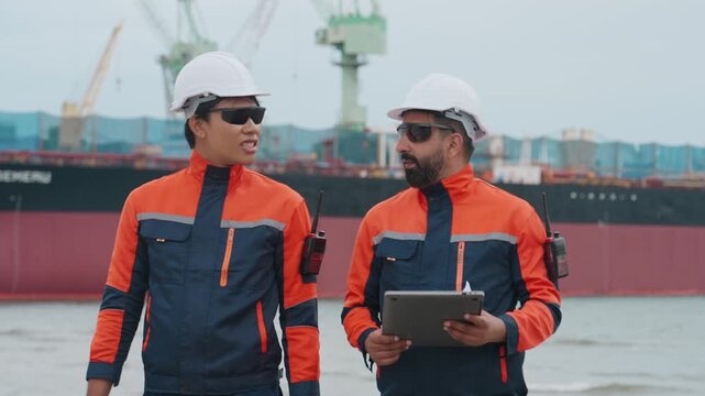 Two dock workers converse near a large vessel. They wear safety gear, hold clipboards. Their focused expressions suggest inspection or coordination