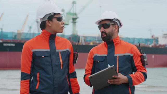 Two dock workers converse near a large vessel. They wear safety gear, hold clipboards. Their focused expressions suggest inspection or coordination