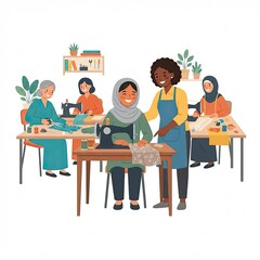 Fototapeta premium Diverse women sewing in a workshop on white background