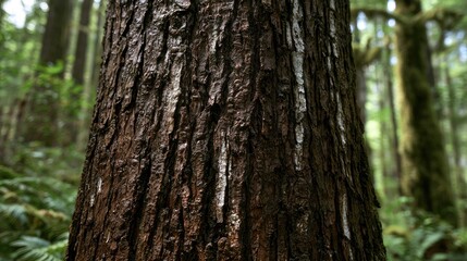 Obraz premium Close-up view of rugged, dark tree bark with streaks of white in a lush forest
