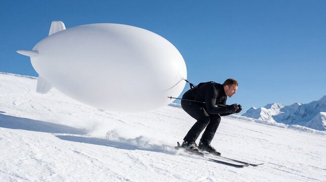 Skier pulling inflatable white oval display mockup on snowy mountain slope