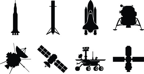 Space Exploration Silhouette Vector Icon Set Featuring Rocket Shuttle Satellite Lunar Lander Rover and Space Station © MdImamAli