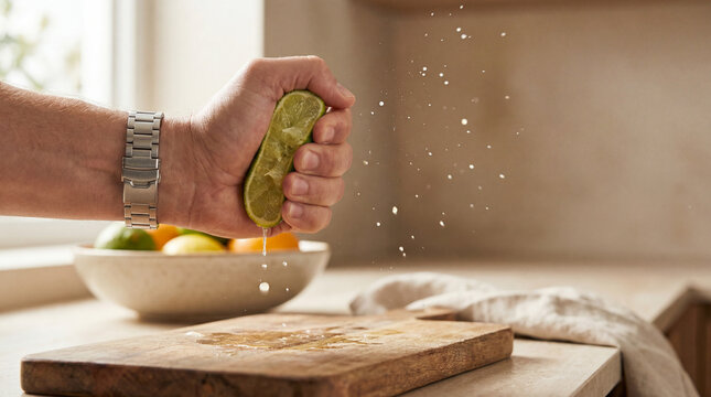 Fresh Lime Juice Splash | A Man&rsquo;s Hand Squeezing Citrus Over Raw Food with Negative Space for Text