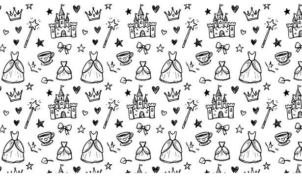 Princess castle pattern with magic wands crowns and dresses sketch illustration seamless pattern fairy tale cute doodles girly background hand drawn black and white line art childish
