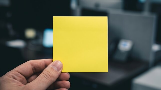 Blank yellow sticky note held in hand isolated on transparent background. Office memo concept.
