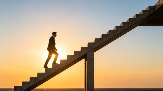 Business Silhouette Climbing Stairs at Sunset Close Composition