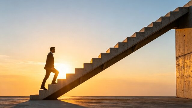 Business Silhouette Climbing Stairs at Sunset Copy Space