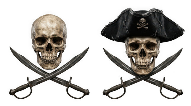 Two pirate skulls with crossed swords, one wearing a tricorn hat, isolated on transparent background