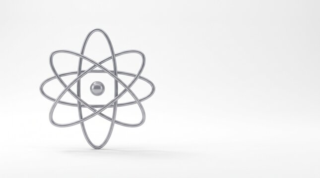 Elegant 3D silver atom model with orbiting electrons and nucleus, set against a clean white background, symbolizing science, physics, and modern tech