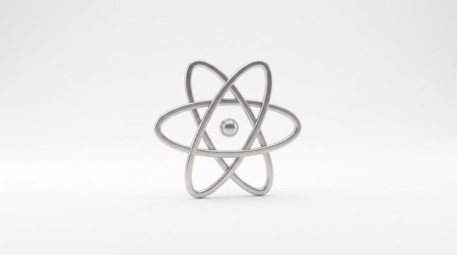 3D render of a silver atom symbol with orbiting electron rings on a clean white background, representing science and physics concepts