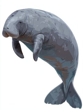 Full Body Side View Of Grey Manatee Swimming In Clear Water Isolated Against White Background