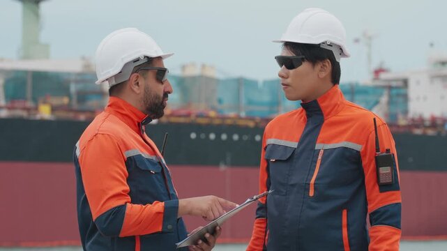 Two dock workers converse near a large vessel. They wear safety gear, hold clipboards. Their focused expressions suggest inspection or coordination