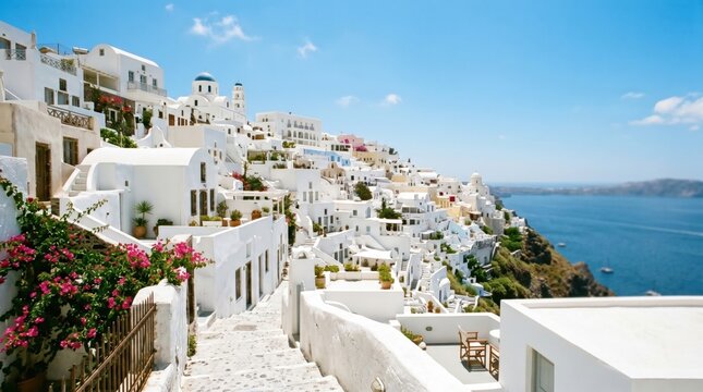 Santorini view showing white buildings and stone steps with potted plants and pink flowers overlooking blue sea and sky.