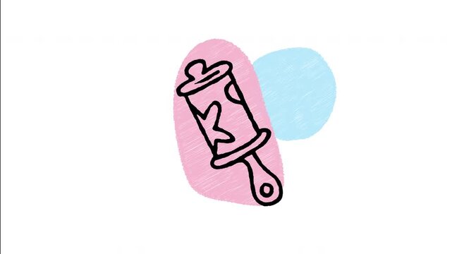 An animated hand drawn baby rattle shaker toy icon. Ideal for infant auditory development, newborn gifts, nursery items, and baby store graphics