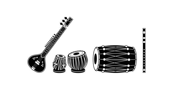 Traditional indian musical instruments on white background with sitar tabla dholak dholak flute illustration black