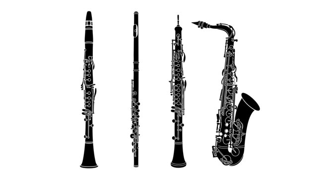 Four black and white illustrations of woodwind instruments with including double reed curved horn white background saxophone clarinet drawing
