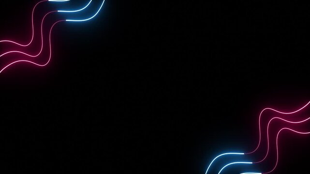 Wavy neon lines glowing in blue and pink corner frame loop on black background