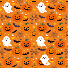 Fototapeta premium Cute Halloween Pattern with Pumpkins and Ghosts