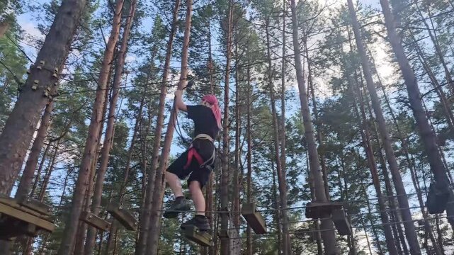 Person climbs obstacles in a forest adventure park on a sunny day