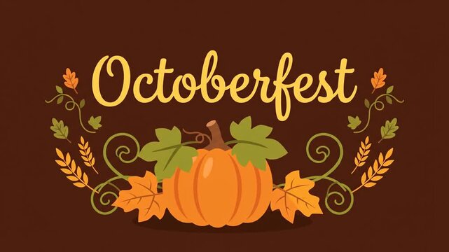 Oktoberfest autumn celebration title with pumpkin and falling leaves motion graphic