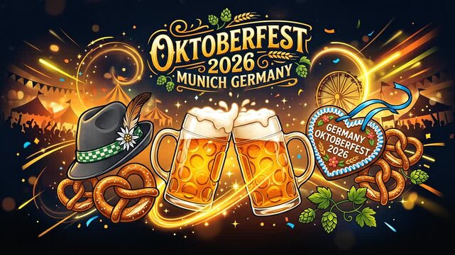 Oktoberfest celebration banner with clinking beer mugs and pretzels in evening