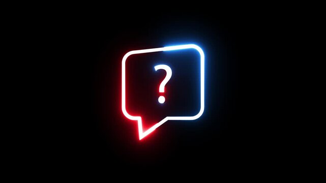 Neon question mark icon within chat bubble glowing on black background for digital support.