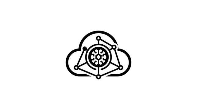 Cloud network icon with central gear and nodes.