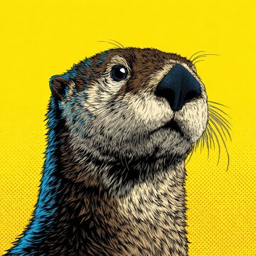 Graphic Pop Art Illustration Of A Brown Otter Head Portrait Isolated On A Vibrant Yellow Background