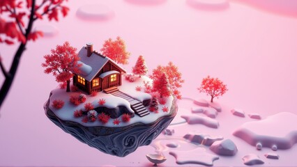 Naklejka premium Floating island features cozy cabin, snow covered trees. Pink sky creates serene winter scene. Minimalist style, soft lighting.