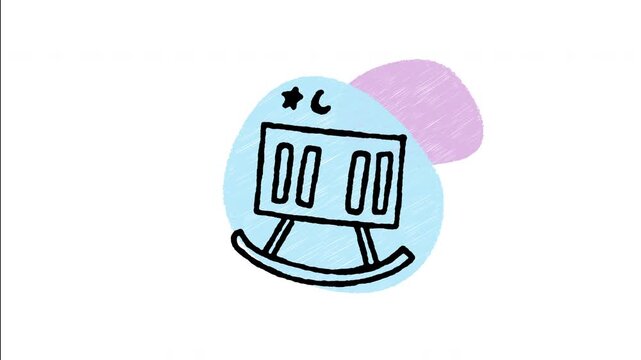 An animated hand drawn wooden rocking cradle bed icon for newborn sleep. Excellent for nursery furniture, infant bedtime, and maternity design assets.