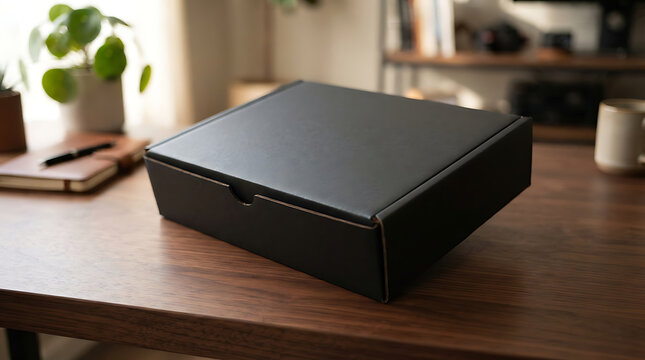 A closed, sleek black gift box with a subtle notch sits on a rich, dark wooden desk next to a notebook and a potted plant in a warm, inviting isolated on a transparent background