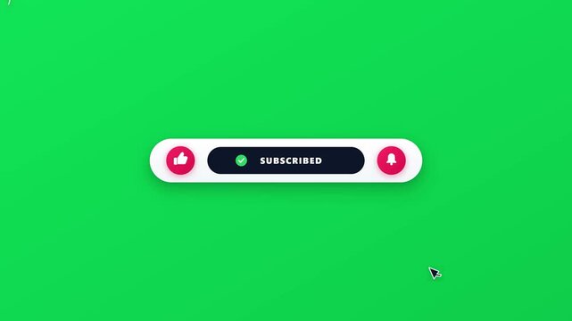 Subscribe button interaction animation with cursor clicking red button on smooth green screen video footage motion
