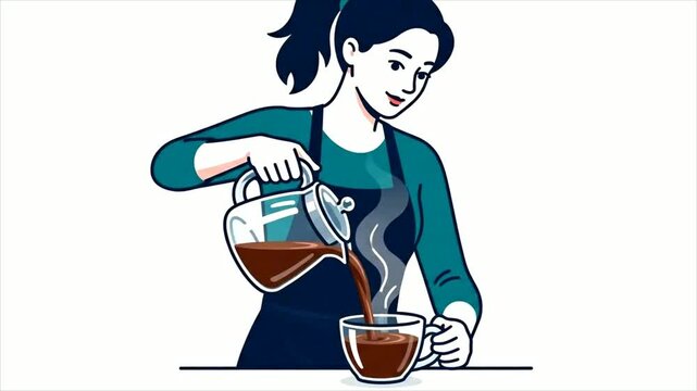 Woman pouring hot chocolate from glass teapot into cup, barista serving warm beverage.