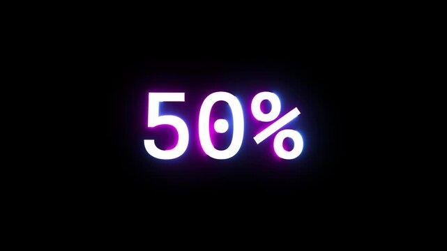 Neon fifty percent sign glowing with vibrant blue and pink pulse effects on black backdrop.