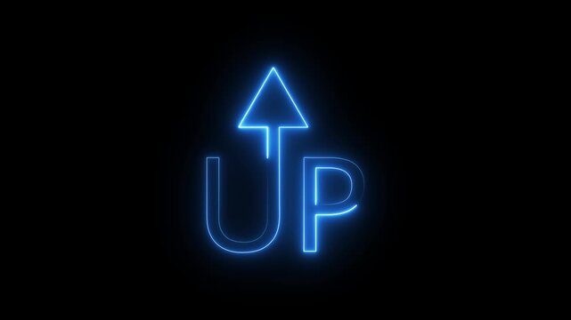 Neon blue word up text with arrow glowing animation against simple black background wall.