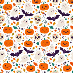 Obraz premium Cute Halloween Pattern with Pumpkins, Ghosts, and Bats