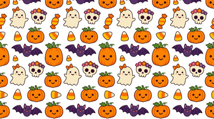 Fototapeta premium Cute Halloween Kawaii Characters Pattern