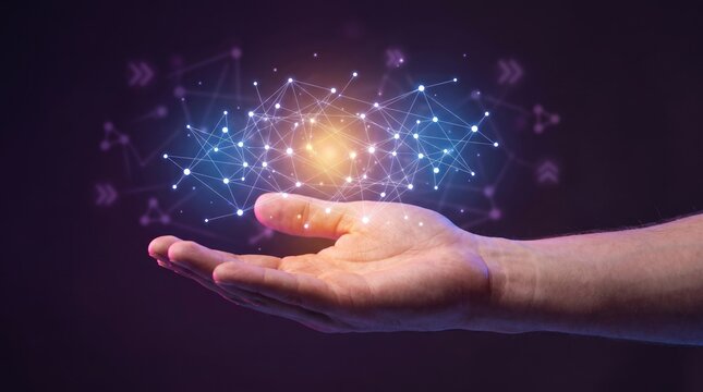 Futuristic digital network glowing in human hand, abstract technology connection concept, global communication and data science visualization