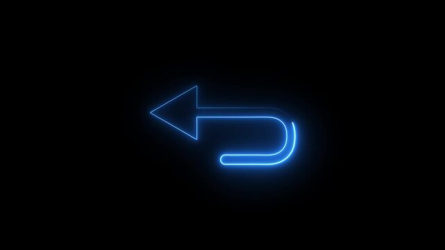 Neon blue back arrow icon animation glowing line art graphic symbol on black background.