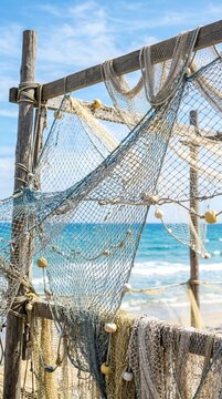 Fishing nets hanging on wooden frame on sandy beach with blue ocean and sky in background.