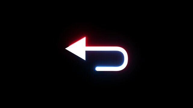 Neon undo arrow symbol glowing with red and blue light motion on black background footage.