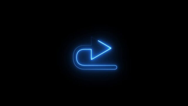 Blue neon arrow symbol glowing on black background for digital interface navigation video.