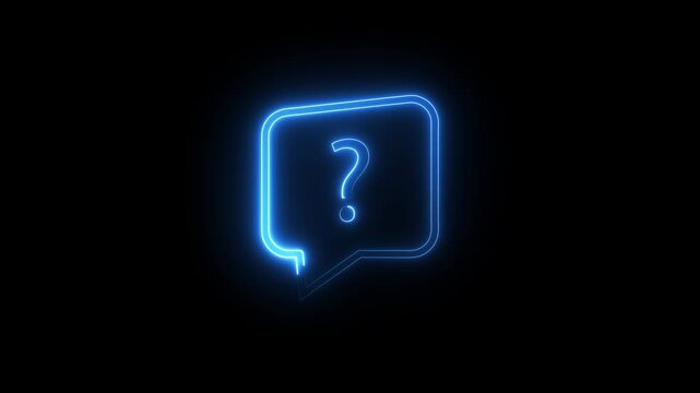 Neon blue question mark sign glowing inside speech bubble graphic animation on black background.